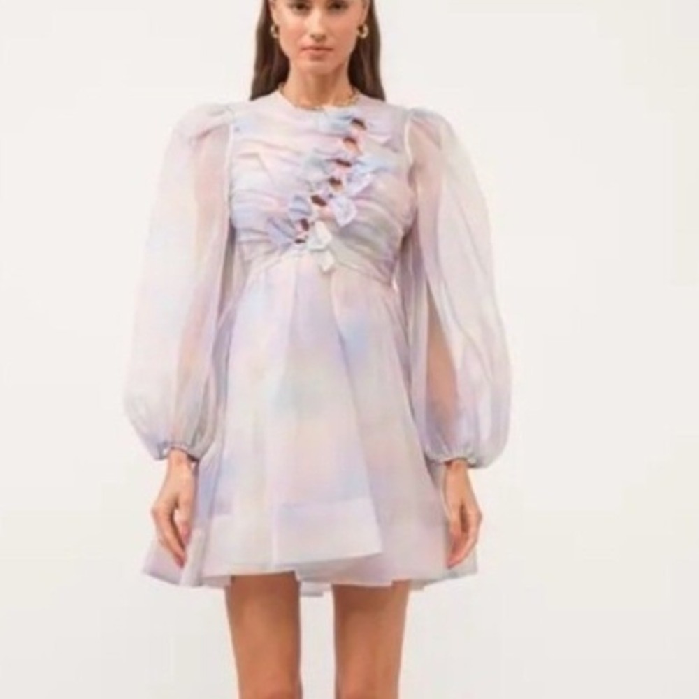Sofie the Label Pastel Rainbow‎ Babydoll Organza Mini Dress Bow Puff Sleeve L